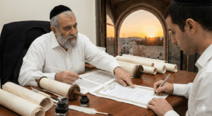 הסופר והלקוח חותמים על חוזה לכתיבת ספר תורה - תמונת מדריך חוזה לכתיבת ספר תורה